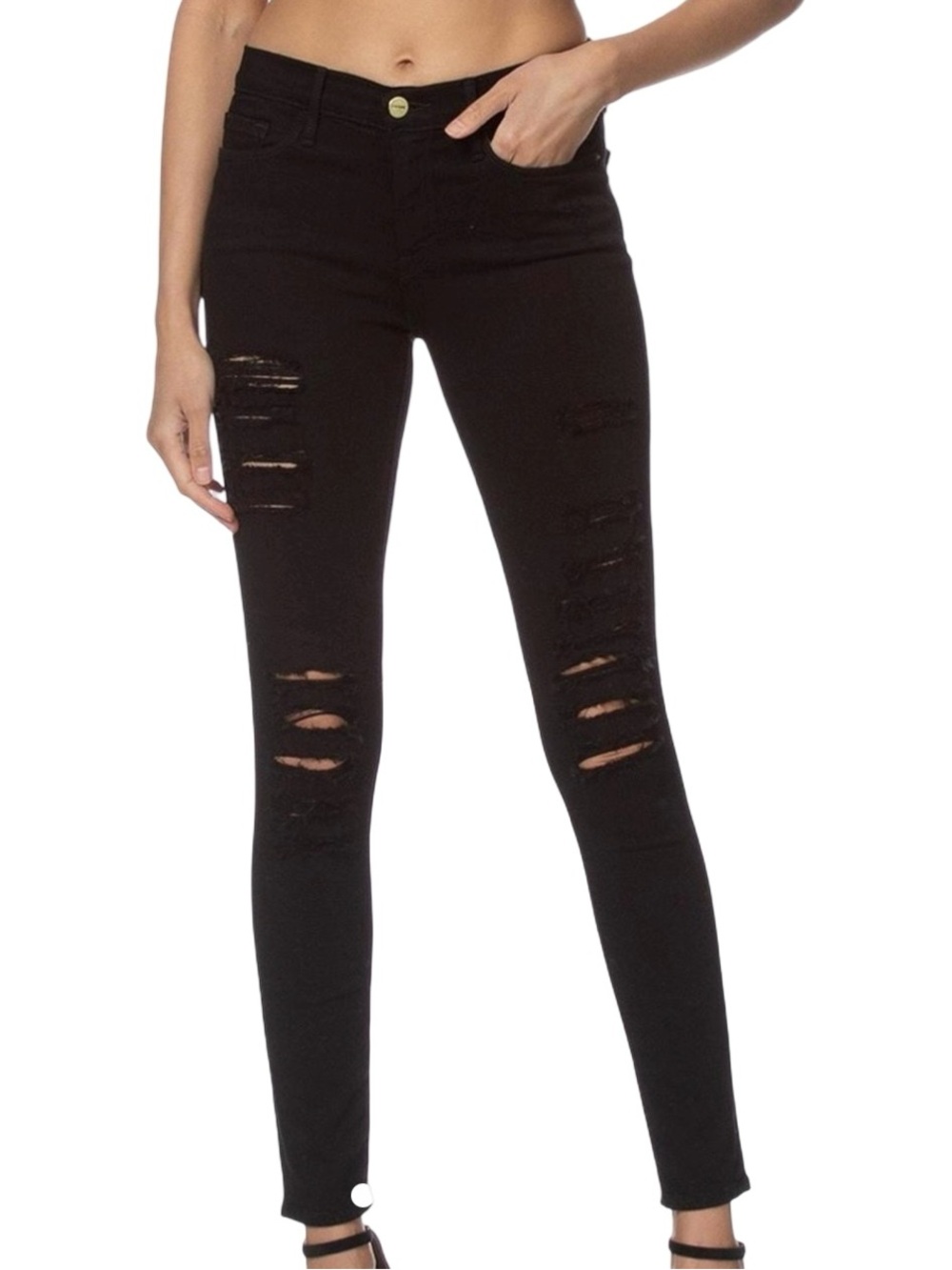 FRAME Le Color Ripped Stretch Skinny Jeans Film Noir Black Wash Women’s Size 31